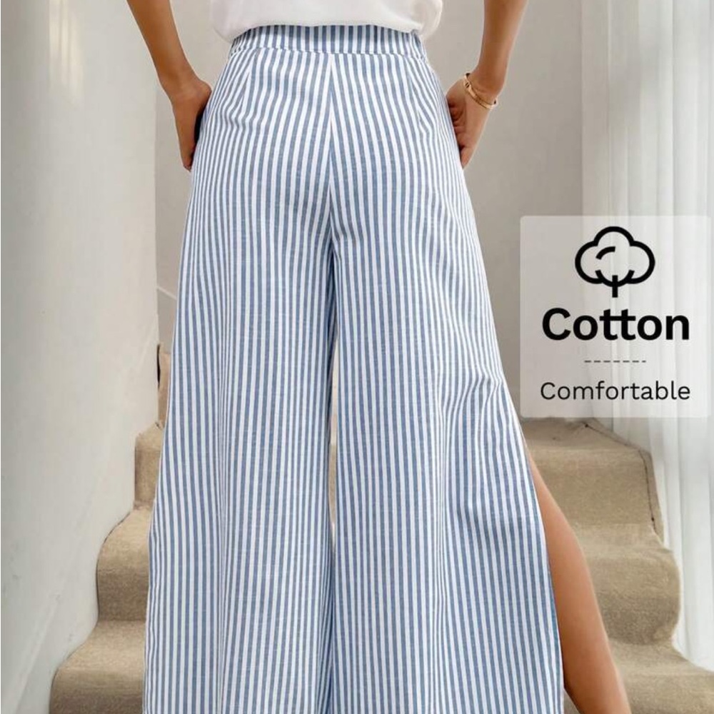 Striped Blue & White Wide-Leg Slit Pants - Picture 4 of 9